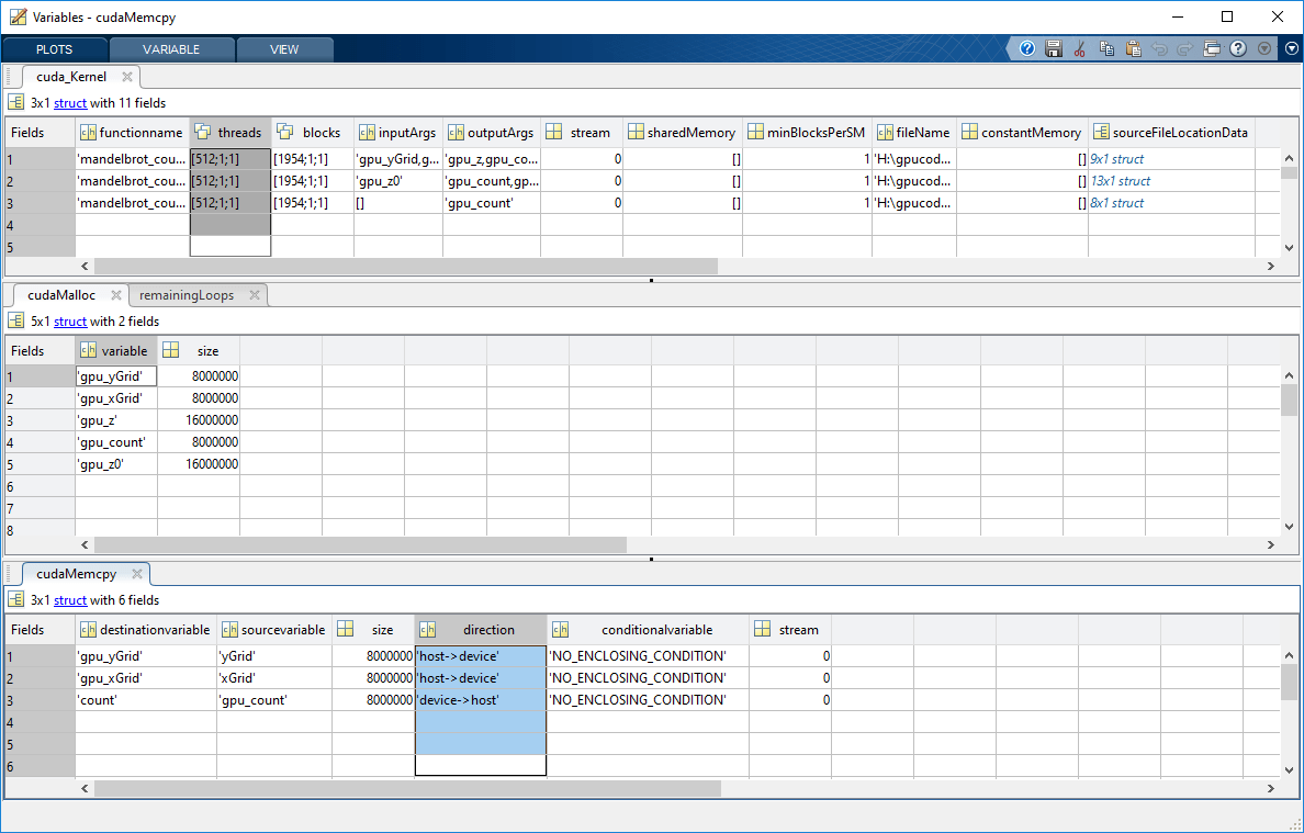 Screenshot of the contents of MAT-file containing code generation info