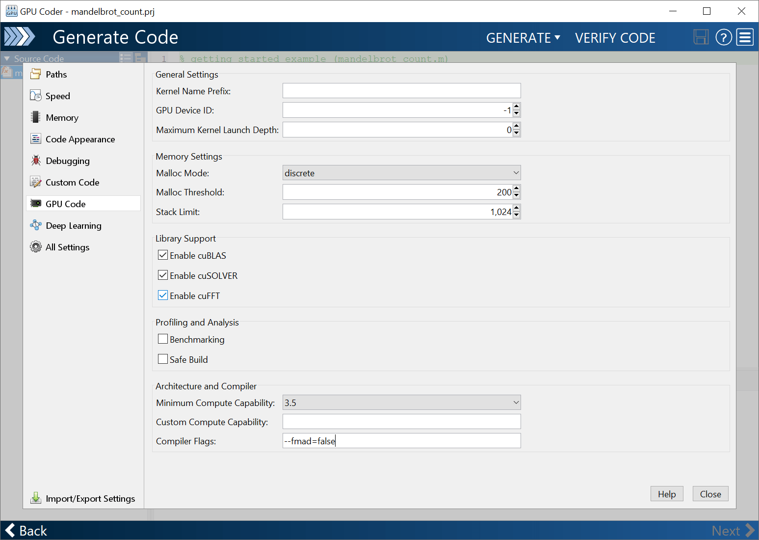 GPU Coder specific settings window of the app