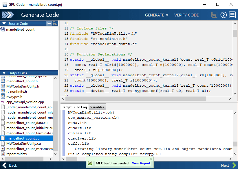 App window showing successful MEX code generation