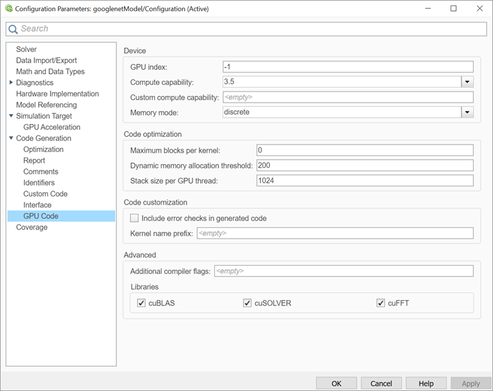 GPU Code pane on the configuration parameters dialog of the model.