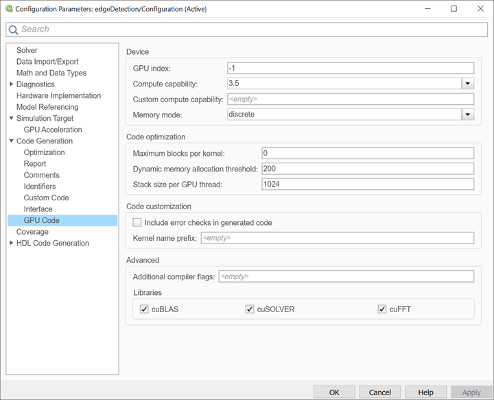 GPU Code pane on the configuration parameters dialog of the model.