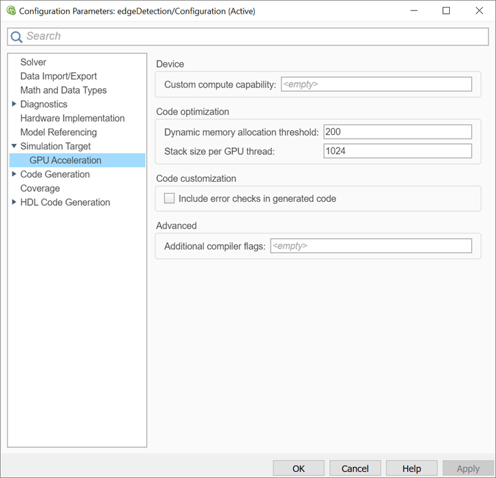 GPU Acceleration pane on the configuration parameters dialog of the model.