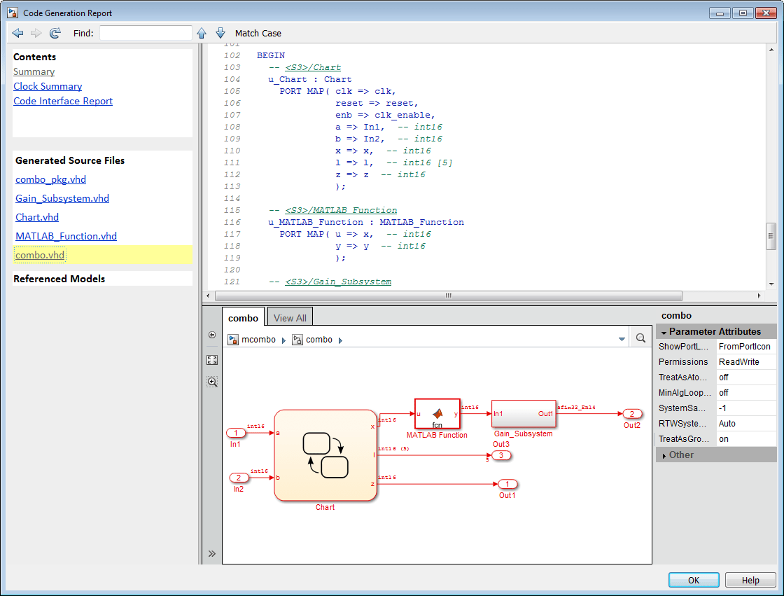 Code generation report showing code for the combo subsystem and a web view of the model.