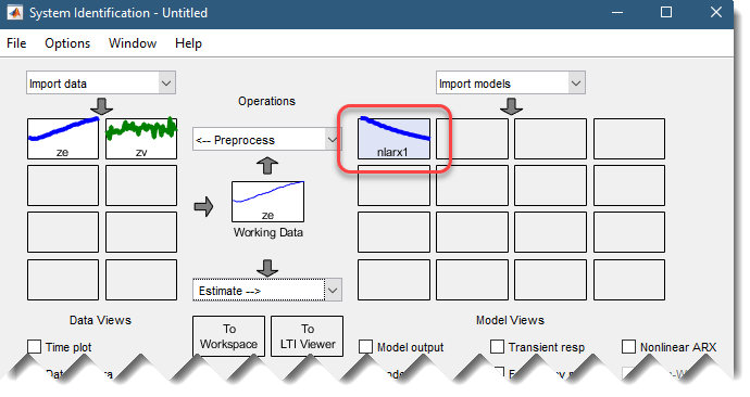 In the Import models grid on the right, nlarx1 is in the top left corner.