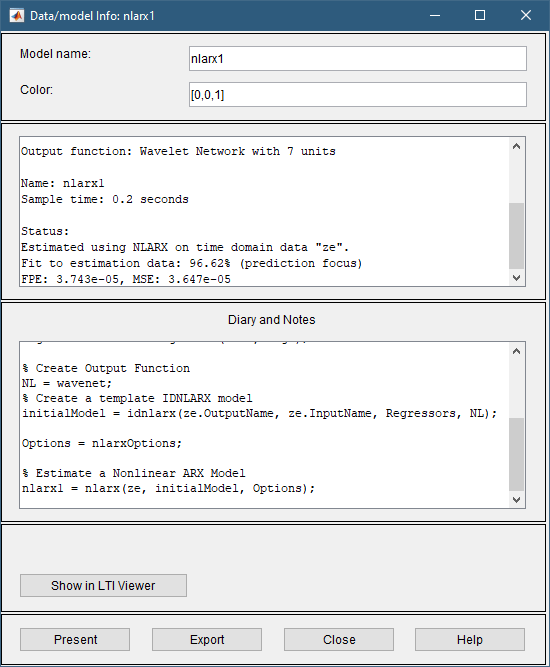 Data/Model information board for nlarx1