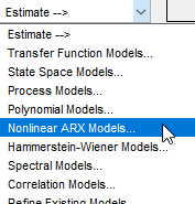 List of model types. Nonlinear ARX Models is selected.