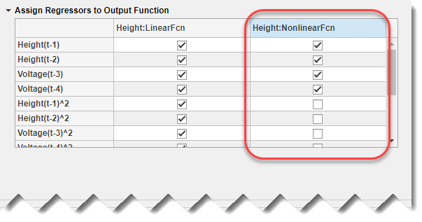 Regressor assignment table. Regressor names are on the left. Linear function assignments are in the middle. All boxes are checked. Nonlinear function assignments are on the right. Only the first four boxes are checked.