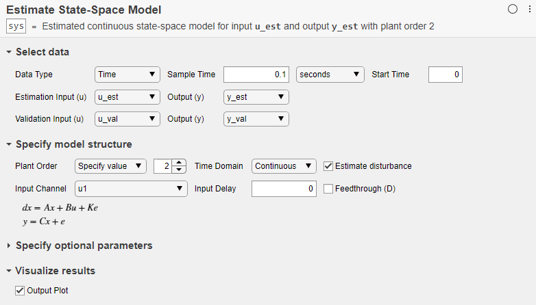 Estimate State-Space Model task in Live Editor