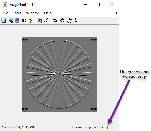 Image Viewer app displaying an image of data type double with a nonstandard display range of [-631, 765]