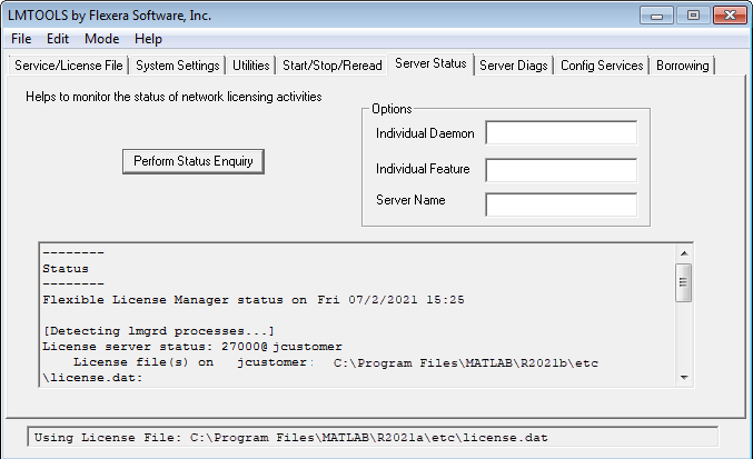 LMTOOLS dialog box, displaying the status of the license manager