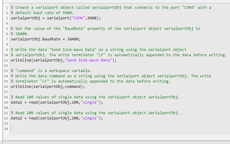 Serial Explorer app MATLAB Code Log pane.