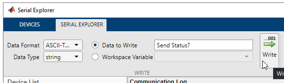 Serial Explorer app Write section for ASCII data.