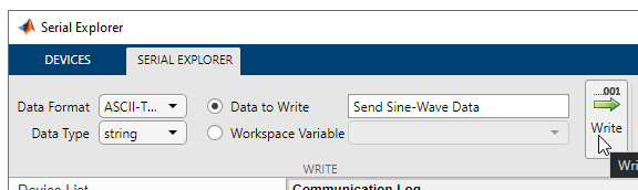 Serial Explorer app Write section for ASCII data.