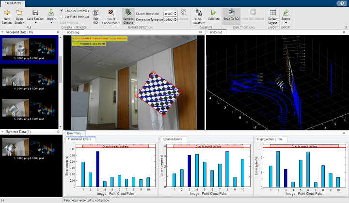 Lidar Camera Calibrator App Session