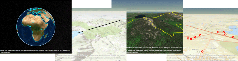 Examples of geographic globe visualizations. Click to go to geoplot3.