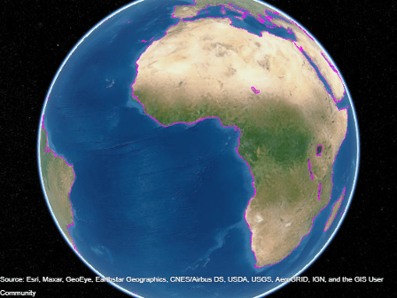 A globe with a cyan line along coastlines. The line is visible over the basemap.