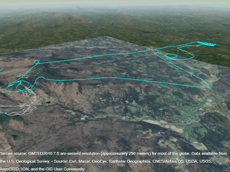 A 3-D line plotted over a region with terrain imagery.