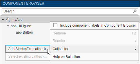 Content menu for the app node in the Component browser.