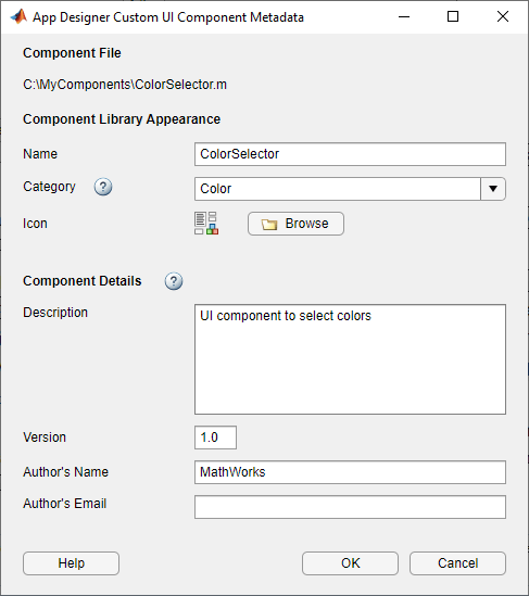 App Designer Custom Component Metadata dialog for the ColorSelector component with the category and author's name fields edited.