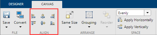 Canvas toolstrip tab in Design View with the Align options highlighted. There are options to align components vertically along their left edges, centers, or right edges, and options to align components horizontally along their top edges, centers, or bottom edges.