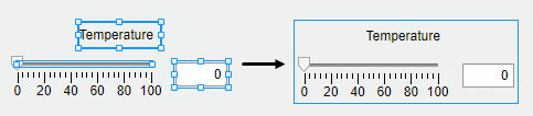 On the left, a label, slider, and edit field component are selected separately. On the right, the three components are grouped, and the group is selected.