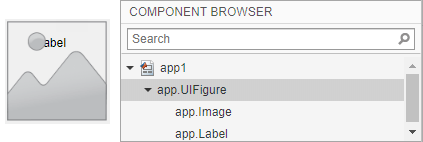 An image component on top of a label, and the Component Browser display, where the image is listed above the label.