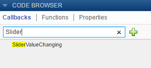 Callbacks tab of the Code Browser. The search bar says Slider and the pane lists the SliderValueChanging function.