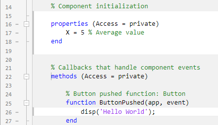 App code. A properties block and body of a function have a white background, while a methods block and function declaration have a gray background.