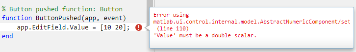 Error message. The line of code with the error has an error indicator next to it.