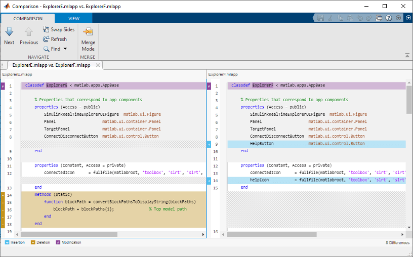 Two apps being compared in the Comparison Tool . The apps have four differences between them including a difference within a line highlighted in purple, two individual lines that exist only in the right file, each highlighted in blue, and several lines that exist only in the left file, highlighted in yellow.