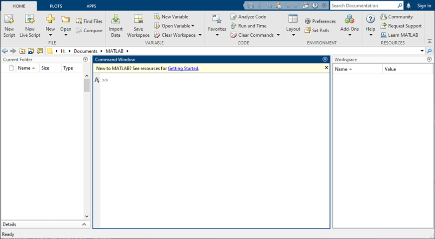 MATLAB desktop showing the toolstrip at the top and below it, the Current Folder browser on the left, the Command Window in the middle, and the Workspace browser on the right