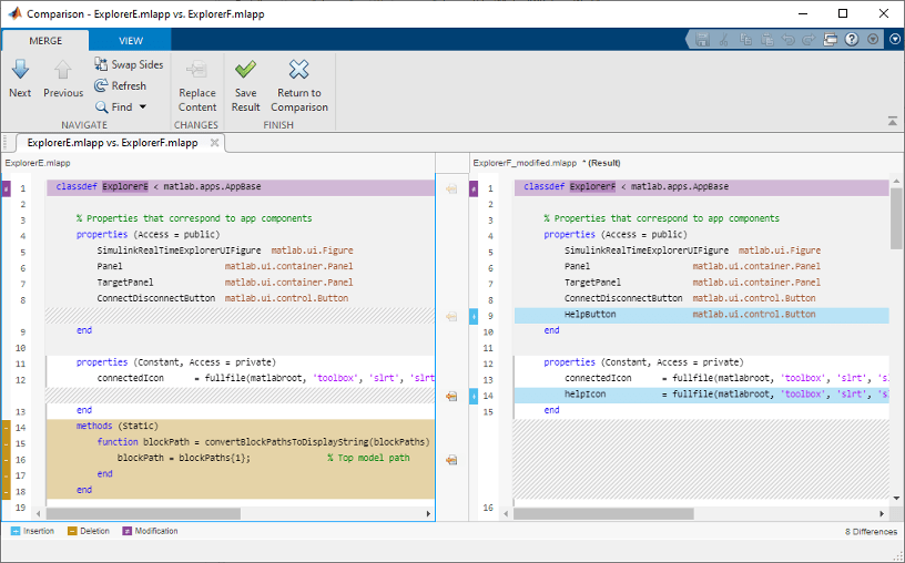 Two apps being merged in the Comparison Tool. There are four differences between the two apps. The first two differences cannot be merged and show a disabled merge button. The second two differences can be merged and show an enabled merged button.