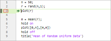 plotRand script with a breakpoint at line three and a green arrow and green highlighting on line three, indicating that MATLAB is paused at line three