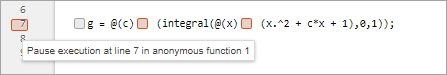 Script showing a line of code with two anonymous functions, with red breakpoints displayed on the line number and before each of the two anonymous functions. A tooltip displays information about the breakpoints.