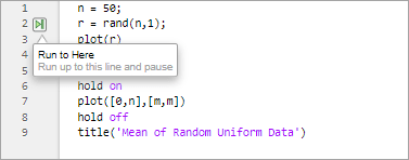 plotRand script with the Run to Here button displayed in the left margin, next to the line number for line two