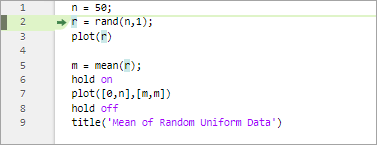 plotRand script with a green arrow and green highlighting on line two, indicating that MATLAB is paused at line two