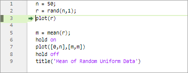 plotRand script with a green arrow and green highlighting on line three, indicating that MATLAB is paused at line three