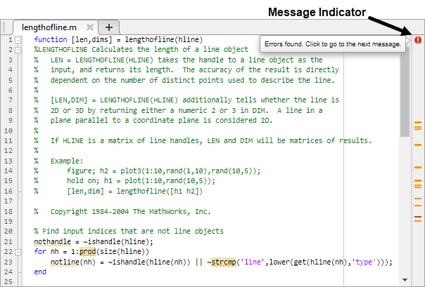lengthofline file in the Editor with the red error symbol displayed in the indicator bar