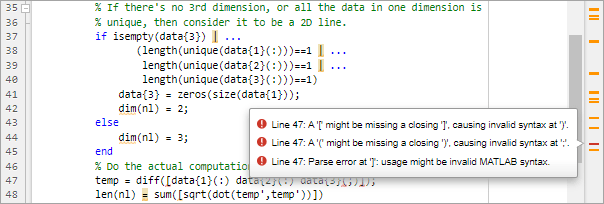 lengthofline file in the Editor after clicking the message indicator. Three errors display next to the error marker in the indicator bar.