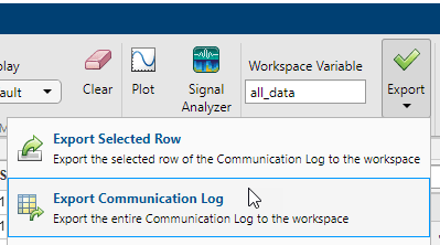 TCP/IP Explorer app showing Export Communication Log option.