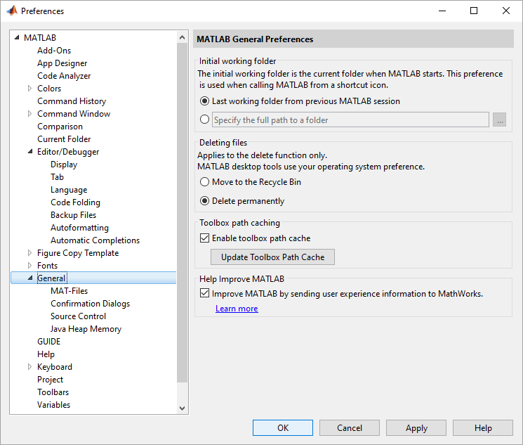 Preference window displaying the MATLAB General Preferences page.