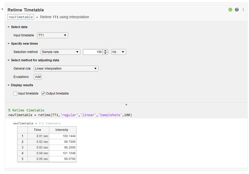 Retime Timetable task in Live Editor