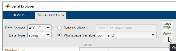 Serial Explorer app Write section for ASCII data.