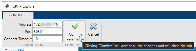 TCP/IP Explorer app with connection parameters.