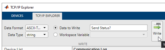 TCP/IP Explorer app Write section for ASCII data.