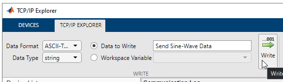 TCP/IP Explorer app Write section for ASCII data.