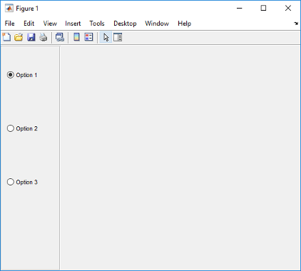 App with three grouped radio buttons labeled Option 1, Option 2, and Option 3. The first button is selected.