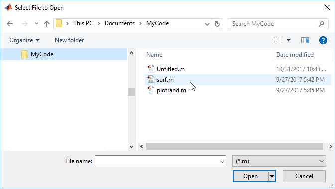 File selection dialog box. The visible files are .m files and the file filter drop-down reads (*.m).