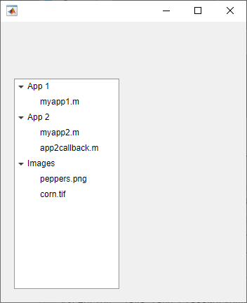 Tree with three top-level nodes with text "App 1", "App 2", and "Images", and nested nodes with file names.