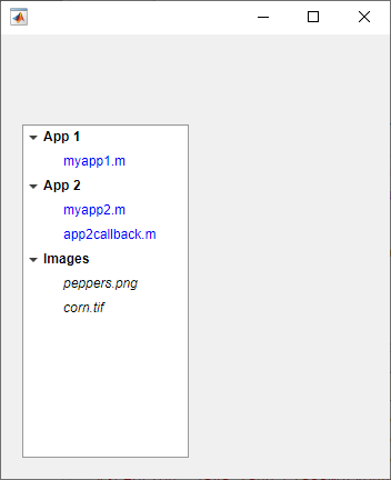 Tree UI component. The "App 1", "App 2", and "Images" nodes are bold, the nodes with file names that end in .m are blue, and the image file names are italic.